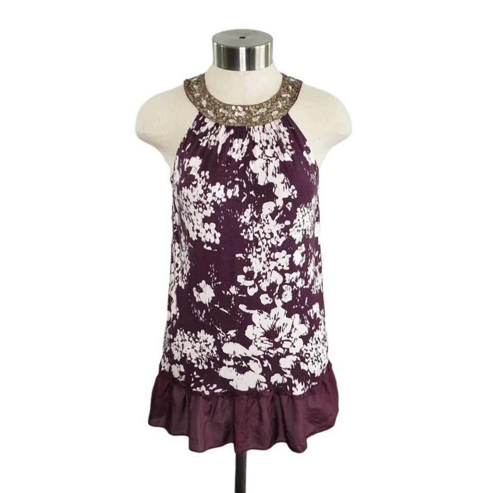 Velvet by Graham & Spencer Purple Floral Embellished Sleeveless Top Women's Sz S